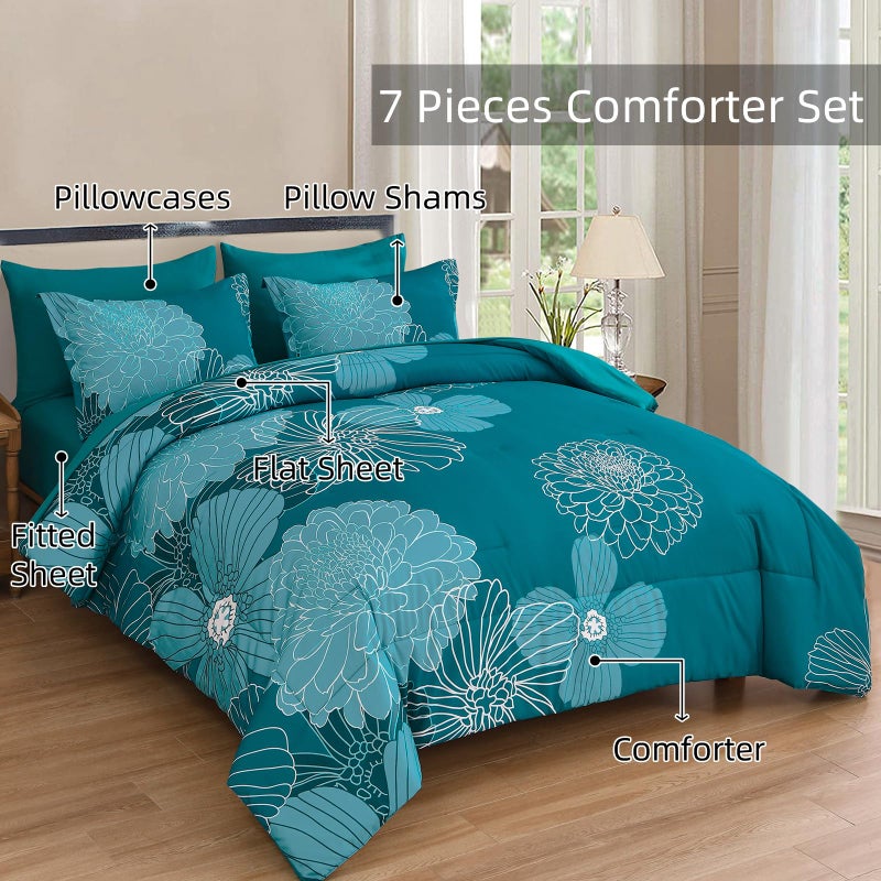 Yiran Queen Comforter Set Teal Bed in a Bag Floral Comforter Sets Soft Microfiber Bedding Sets for All Season 7 Piece 90""?90"" - Image 3